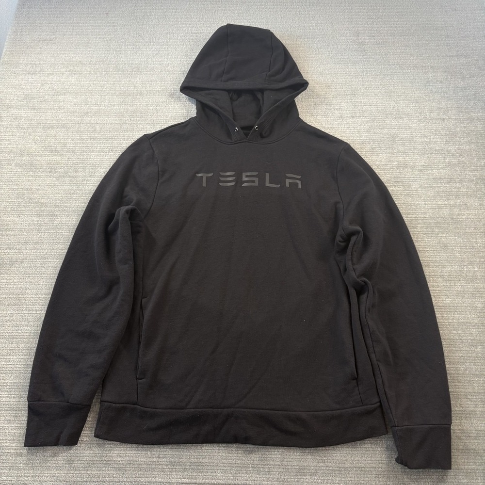 Tesla Hoodie Unisex Medium Black Wordmark Logo Pullover Fleece Sweatshirt Casual